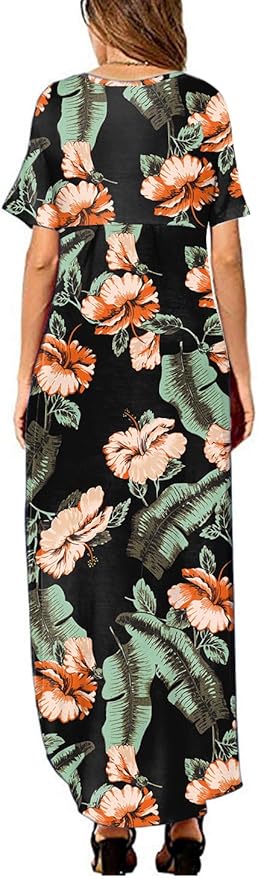 Arolina Women's Summer Maxi Dress Short Sleeve V Neck Casual Loose Long Beach Split Dresses with Pockets