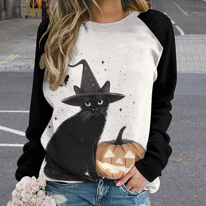 Spatofa Womens novelty funny cat printed crewneck sweatshirt casual loose long sleeve graphic pullover sweatshirts tops