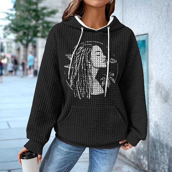 domirica Black Pullover Sweatshirts For Women Trendy Long Sleeve Waffle Sweatshirt With Hood Comfy Fall Clothing Qutfits