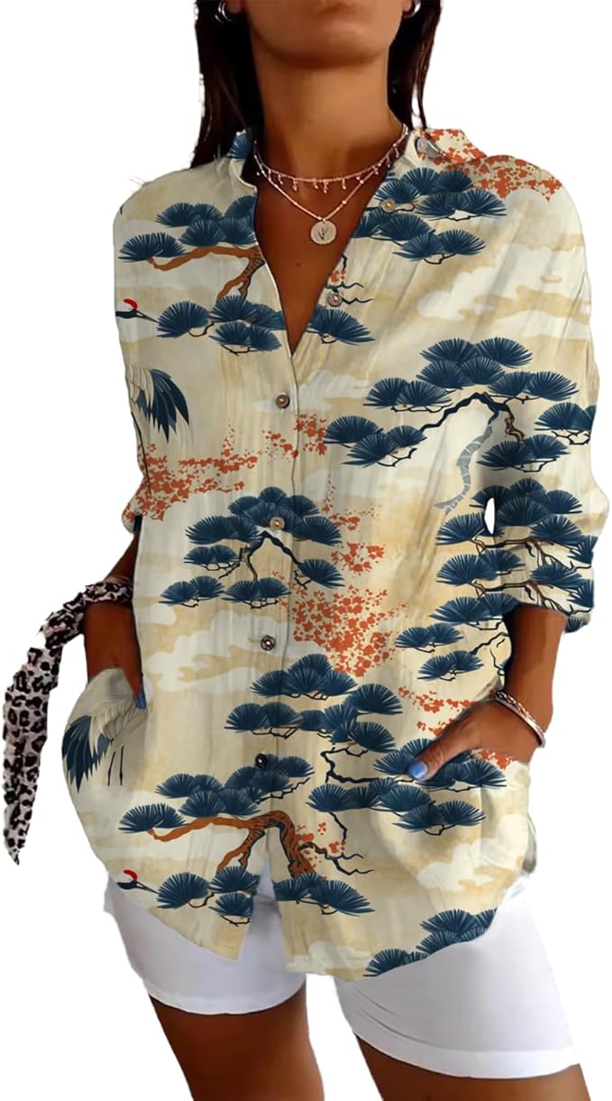 Fashion Summer Shirts V Neck Japanese Art Vintage Floral Graphic Button Down Trendy Hawaiian Holiday Outfits