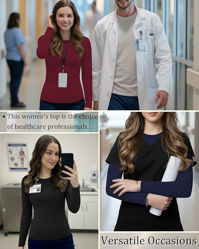 3 Pack Women's Underscrub Shirts Long Sleeve Thermal Scrub Undershirts Nurse Crew Neck Slim Fit Fleece Top Basic Tee