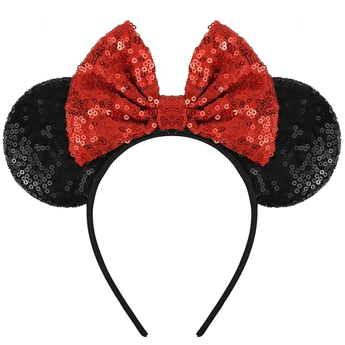 LIHELEI Mouse Ears Headband with Sequin Bows, Headbands for Women Halloween Costume, Headwear Hair Accessories - Red and black Mouse Ear
