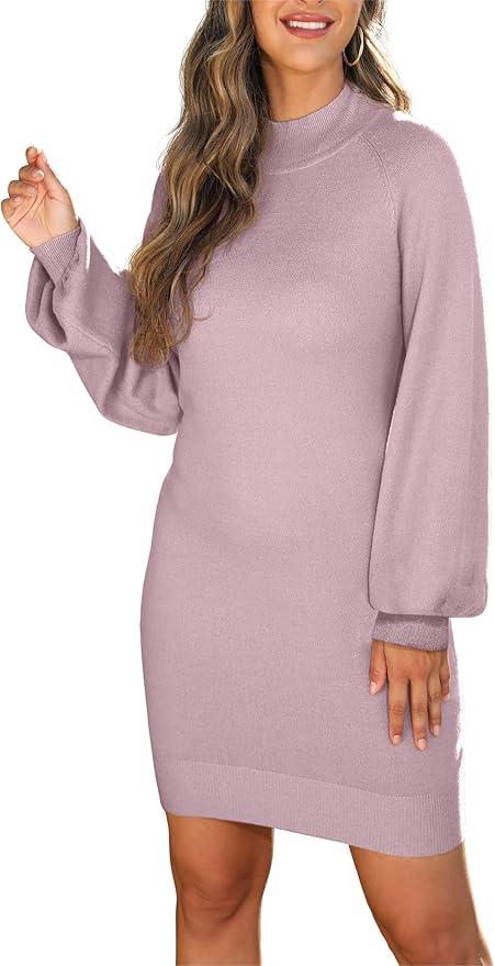 GRECERELLE 2026 Women's Mock Neck Ribbed Long Sleeve Bodycon Pullover Cute Mini Sweater Dress (XS-2XL)