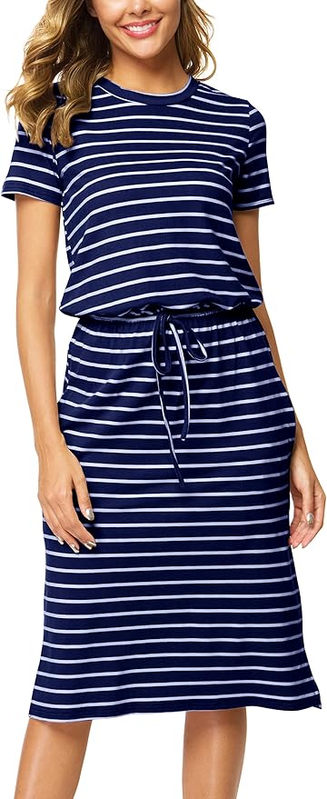 Simier Fariry Womens Spring Hide Belly Knee Length Travel Dress Pocket Summer Short Sleeve Midi Work Casual Outfits