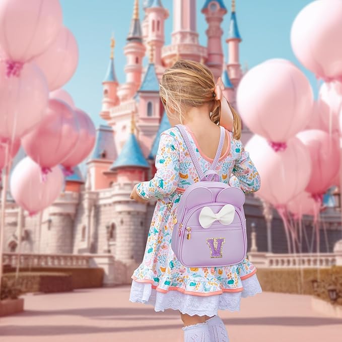 KKXIU Girls Initial Bowknot Cute Mini Backpack for Toddler, Travel Small Girl Backpacks, Personalized Valentine's Day Gifts for Little Girls and Kids(V, Purple)