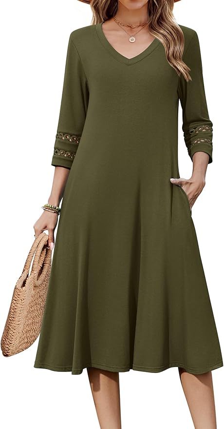 Zeagoo Women's Dresses 3/4 Sleeve Summer Casual V-Neck A Line Flowy Eyelet Midi Dress for Women Beach Vacation Sundress