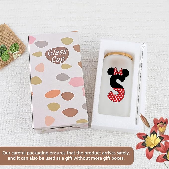 Cute Cartoon Mouse Lover Gifts Initial A-Z Personalized Iced Coffee Cup Magic Mouse Stuff Wizard Gift 16oz Glass Cup with Lid and Straws Birthday Christmas Gifts for Women Teen Girls (Letter S)