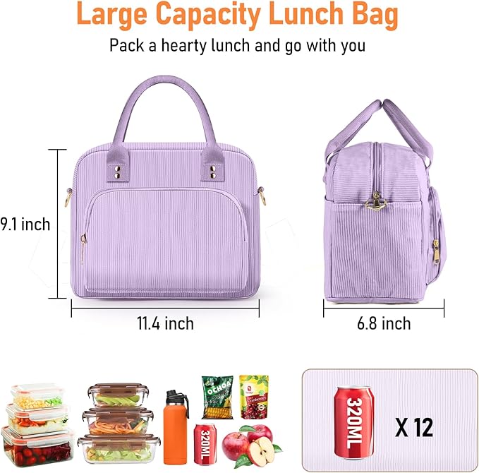 Lunch Bag Large Insulated Lunch Box for Women Men Adult Cute Purple Lunchbox Corduroy Lunch Bags Boxes Pail with Adjustable Shoulder Strap for Work Mom Picnic Office Travel 11.4×6.8×9.1 inches 11.5L