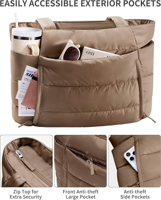 Puffer Tote Bag for Women, Lightweight Puffy Work Handbag Teacher Nurse Quilted Shoulder Bag for School Travel Gym | Quilted, with Zipper, Daily Carry On Bags, Comfy College Bags, 15.6" Laptop Sleeve, Cup Holder Pocket, Portable, Spacious
