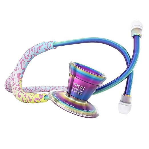 MDF Instruments, Engravable - Rainbow Leopard Kaleidoscope ProCardial Cardiology Stethoscope, Lightweight Titanium, Adult, Dual Head, Rainbow Leopard Tube, Chestpiece-Headset, MDF797TRLKL-ENGRAVING