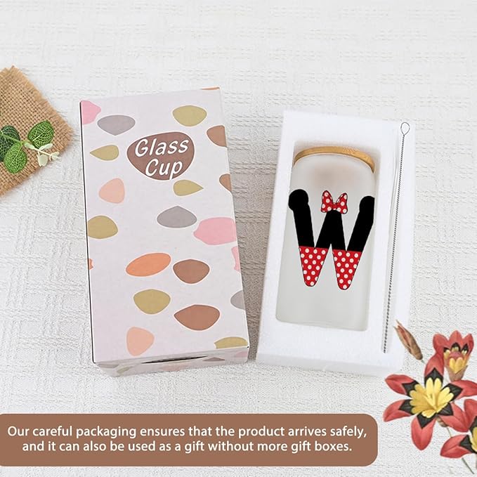 Cute Cartoon Mouse Lover Gifts Initial A-Z Personalized Iced Coffee Cup Magic Mouse Stuff Wizard Gift 16oz Glass Cup with Lid and Straws Birthday Christmas Gifts for Women Teen Girls (Letter W)