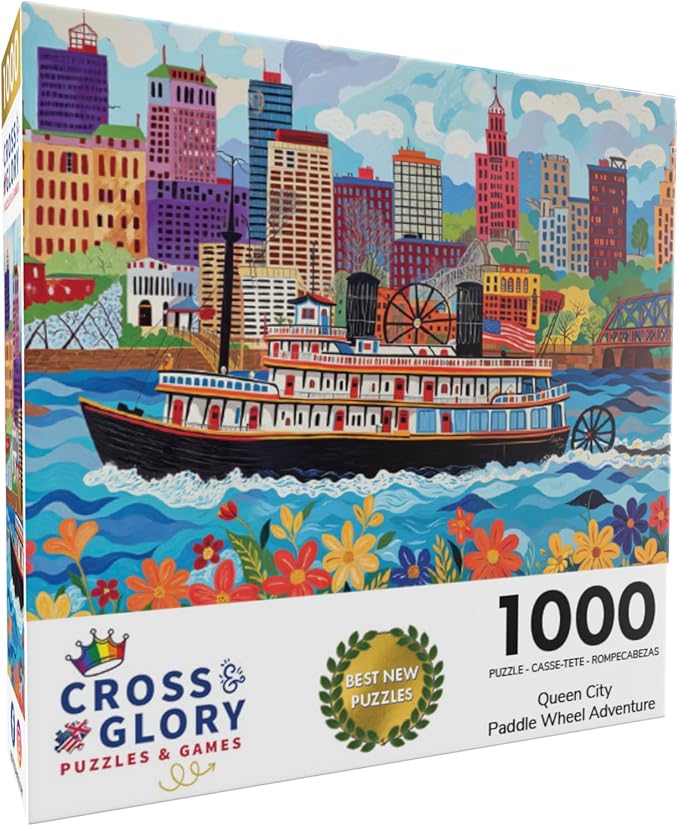 Cross & Glory – Jigsaw Puzzle for Adults 1000 Piece | Queen City Paddle Wheel Adventure | Whimsical Art Style | Vibrant Design | Satin Finish | 20x27 Inches