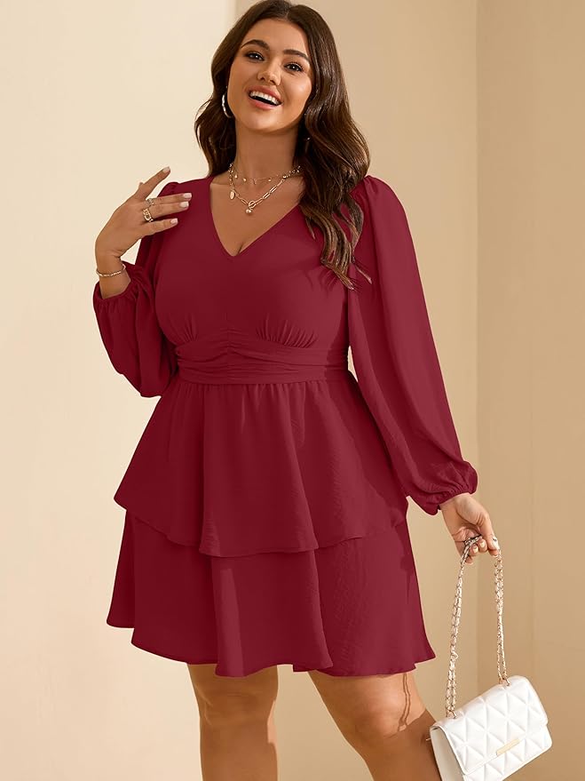 RWJ Plus Size Dresses for Curvy Women V Neck Long Sleeve Elastic Waist Fall Wedding Guest Layer Casual Mini Dress