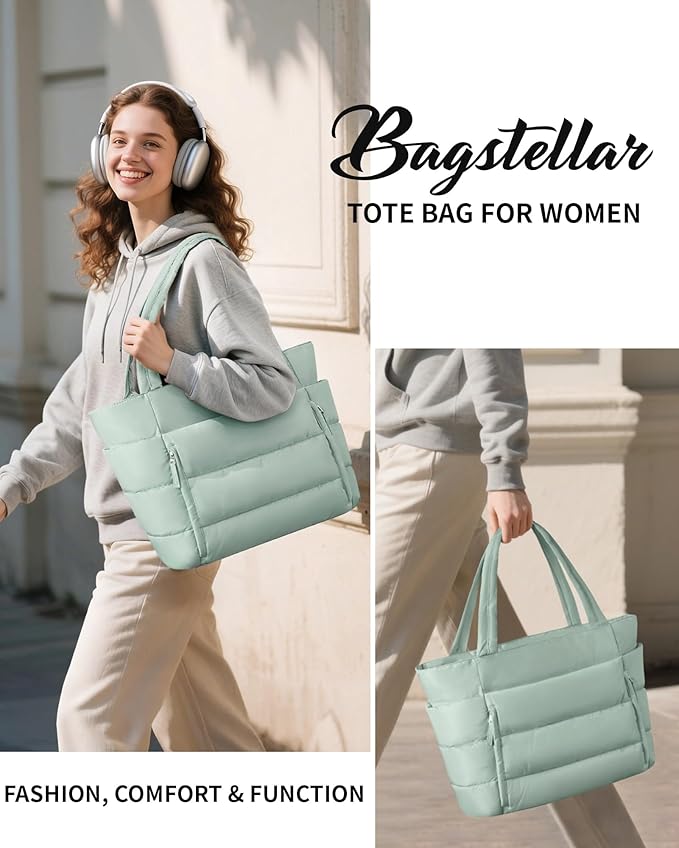 Puffer Tote Bag for Women, Lightweight Puffy Work Handbag Teacher Nurse Quilted Shoulder Bag for School Travel Gym | Quilted, with Zipper, Daily Carry On Bags, Comfy College Bags, 15.6" Laptop Sleeve, Cup Holder Pocket, Portable, Spacious