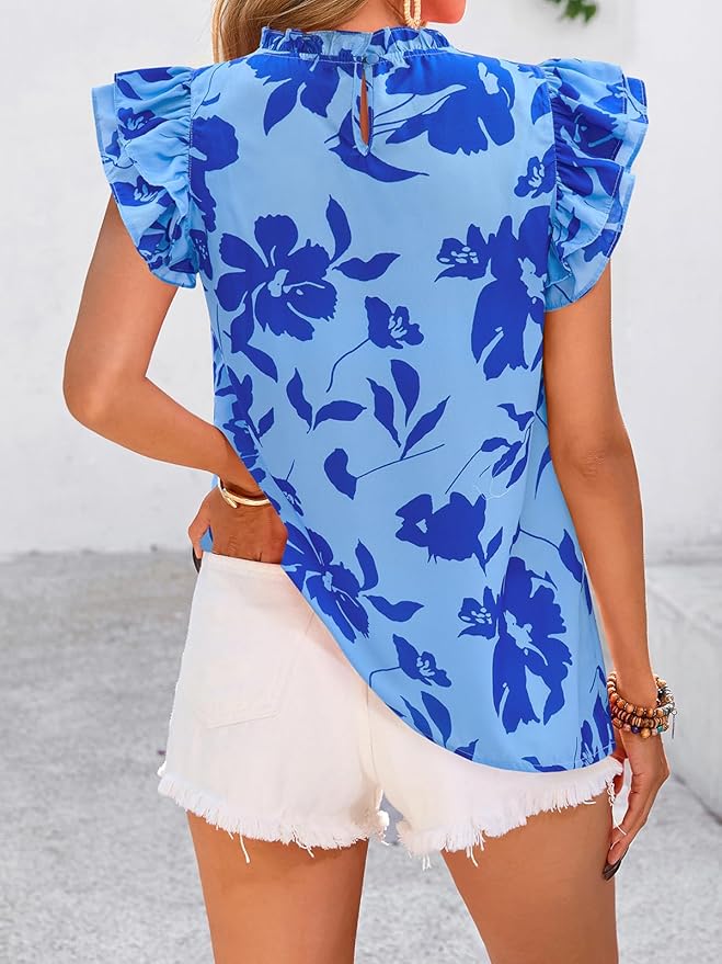 PRETTYGARDEN Women's Ruffle Short Sleeve Summer Tops 2026 Trendy Floral Trim Neck Casual Dressy Chiffon Boho Blouses Shirts
