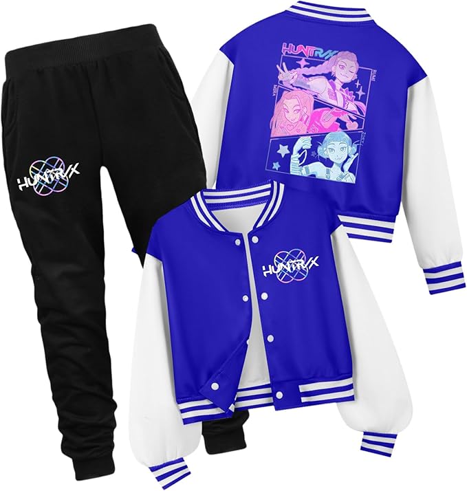 K PopGirls Kpop Tracksuit Cute Cartoon Print Baseball Coats Fashion Long Sleeve Jackets and Pants Christmas Costume Set