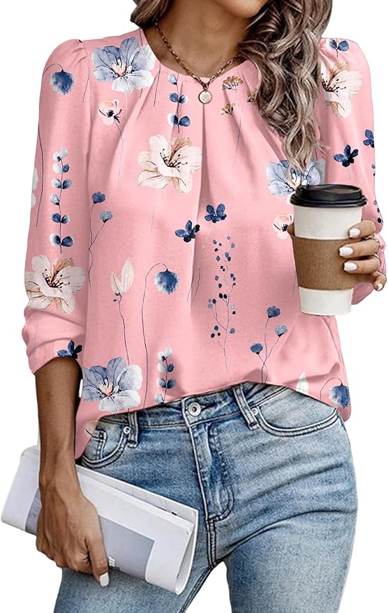 Samefar Womens Tops Dressy Casual Pleated Crew Neck Long Sleeve Shirts Office Work Chiffon Blouses