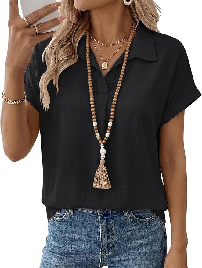 LOMON Women Blouses Spring Summer Tops for Women 2026 Short Sleeve V Neck Dressy Casual Collared Shirts Work Office