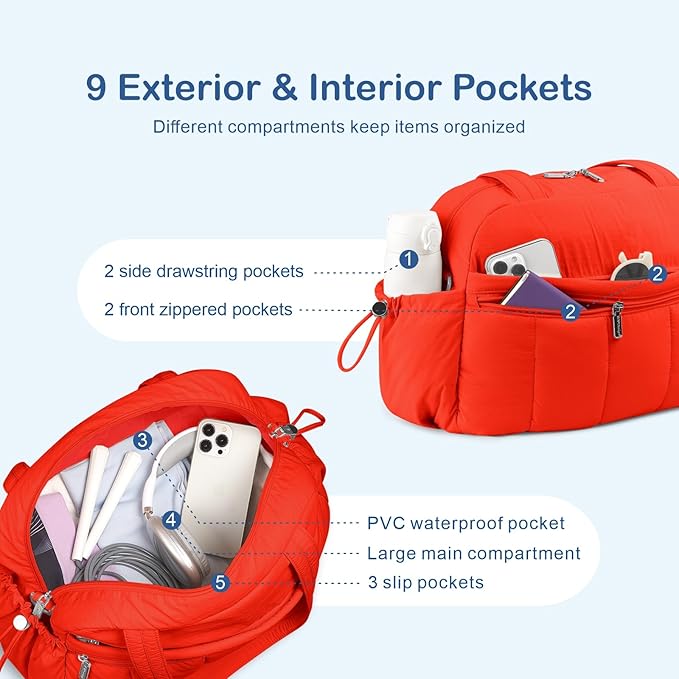TOPDesign Travel Duffel Bag for Women, Puffer Gym Bag Sports Tote with Wet Pocket, Carry On Weekender with Luggage Sleeve (Red Orange)