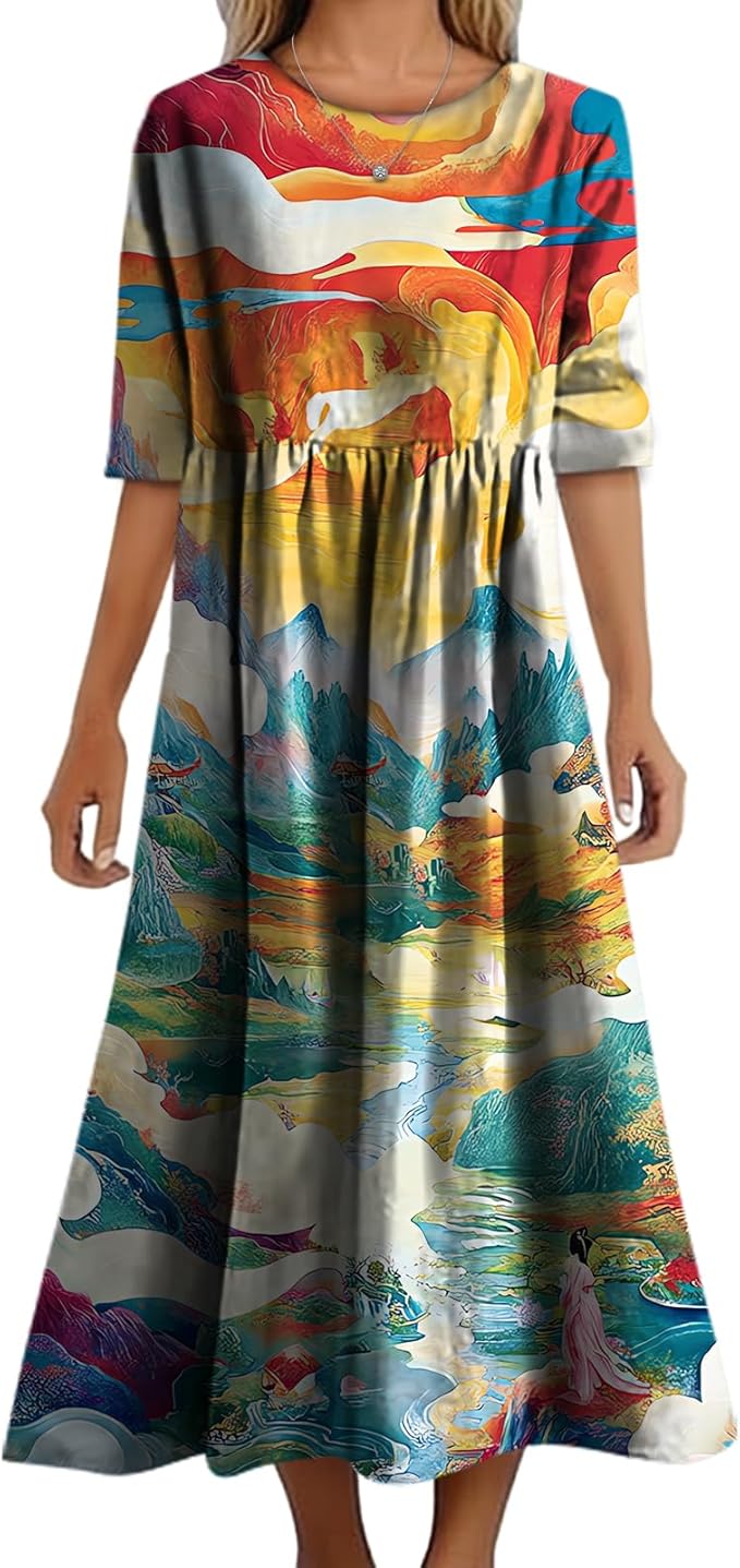 MARSVOVO Trendy Dresses for Women 2025 Classic Fairy Flowy Sundress Relaxed Fit Dress with Side Pockets