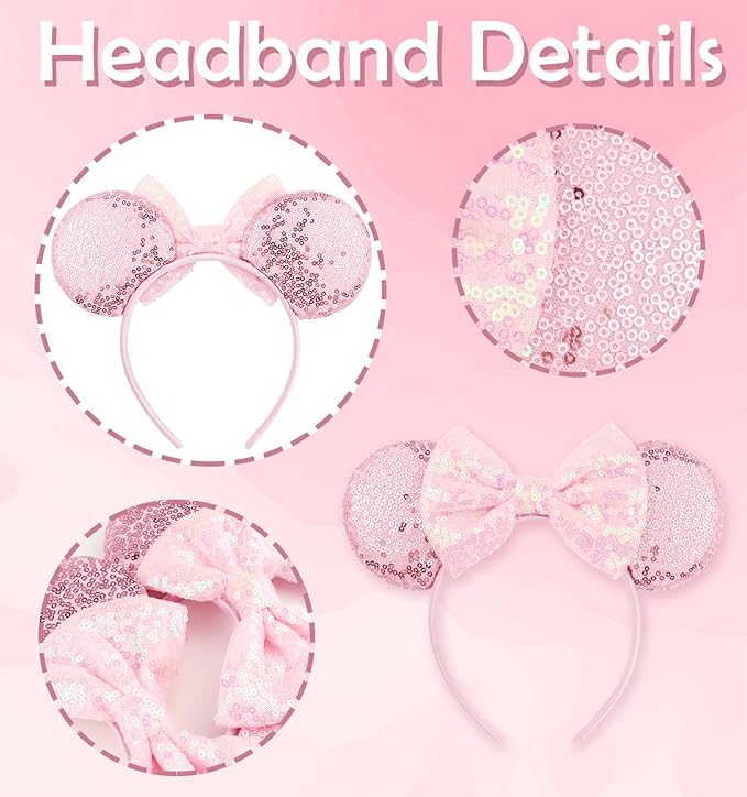 LIHELEI Mouse Ears Headband for Princess, Pink Headbands for Women Halloween Costume, Sequin Bows Headwear Hair Accessories for Women - Pink