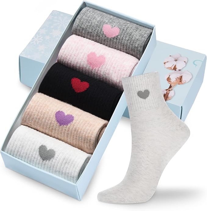Corlap Women's Cute Cotton Crew Athletic Running Socks - Ankle High, Novelty Fun Heart Design 5-Pairs (Gift Box)