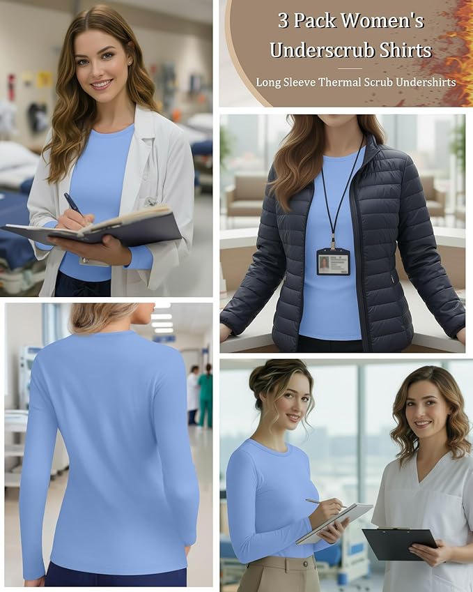 3 Pack Women's Underscrub Shirts Long Sleeve Thermal Scrub Undershirts Nurse Crew Neck Slim Fit Fleece Top Basic Tee
