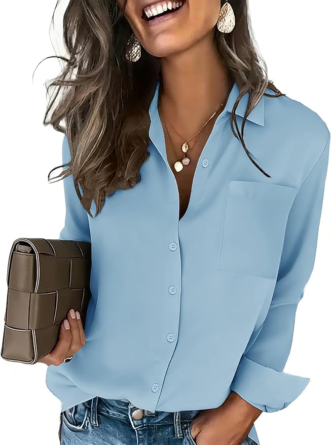 HOTOUCH Button Down Shirts for Women Long Sleeve Blouse Dressy Casual Business Work Tops with Pocket