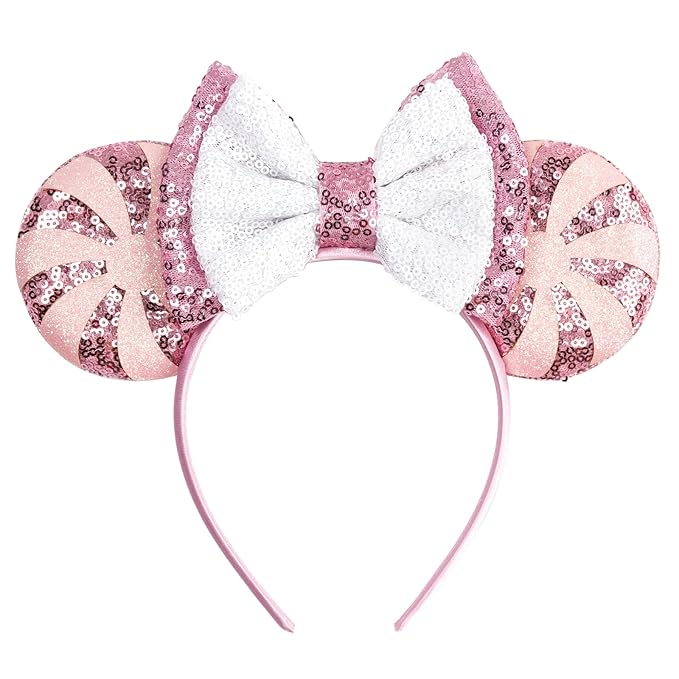 bianbaistar Pink Sequin Mouse Ear Headband – Adorable Candy Stripe Design with Bowknot, Perfect for Birthday Celebrations, Festivals, and Themed Party Costumes