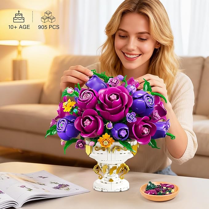 PLAXSOON Purple Rose Flower Building Set with Vase, 969 PCS Botanicals Flowers Bouquet Building Block Kit, 18 Roses Bonsai Collection Home Decor, Valentine's Day Gift for Adults Women Boys Girls 12+