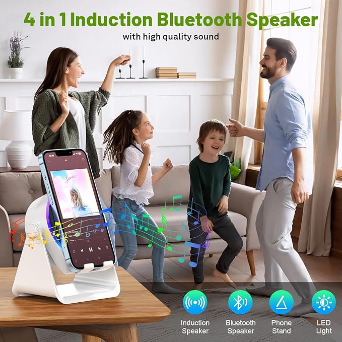 Wireless Induction Audio Bluetooth Speaker, 4 in 1 Phone Stand Speakers Amplifier with Colorful Ambient Light,360° Adjustable Holder for Tablet iPhone Android, Gifts for Men Women Teens-White