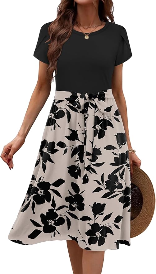 Zeagoo Womens Midi Dress Summer Short Sleeve Dress with Pockets 2025 Casual Floral T-Shirt Dress Flowy Beach Sundress