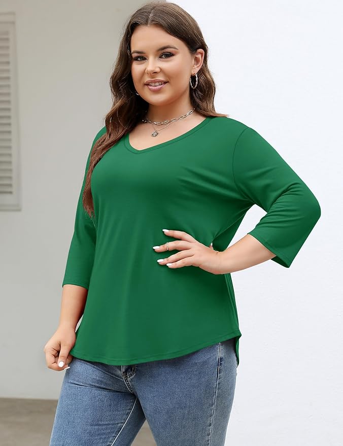 TFSDOD Womens Plus Size Tops V Neck T Shirts 3/4 Sleeve Blouse Summer Casual Tees XL-5X