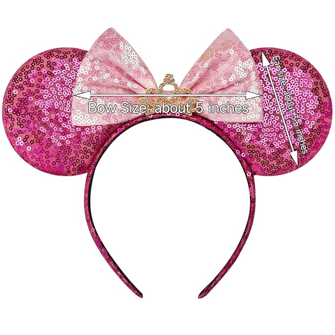 RAZKO Minnie Ears Headband, Sequin Mickey Hairband Mouse ears Hair Accessory for Women Girls(Rose Red Crown L)