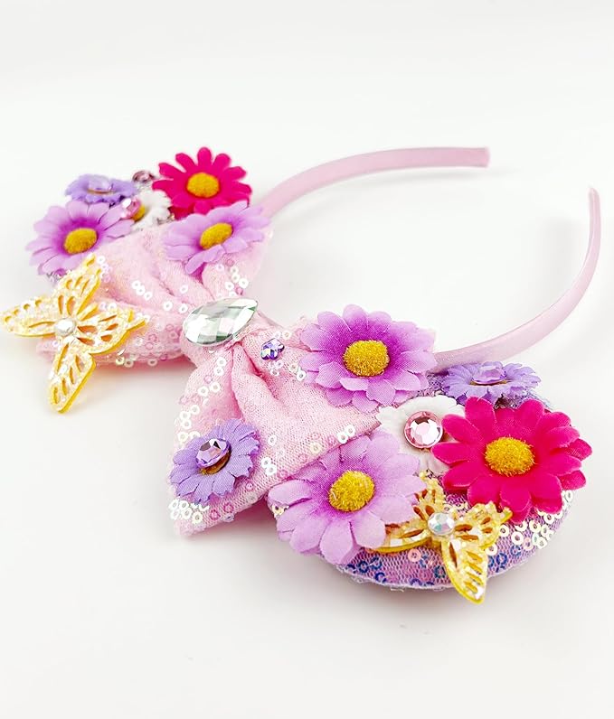 LIHELEI Mouse Ears Headband for Princess, Flower Mouse Ears for Princess Women Birthday Party Halloween Costume, Shiny Park Ears for Adult - Flower Headband