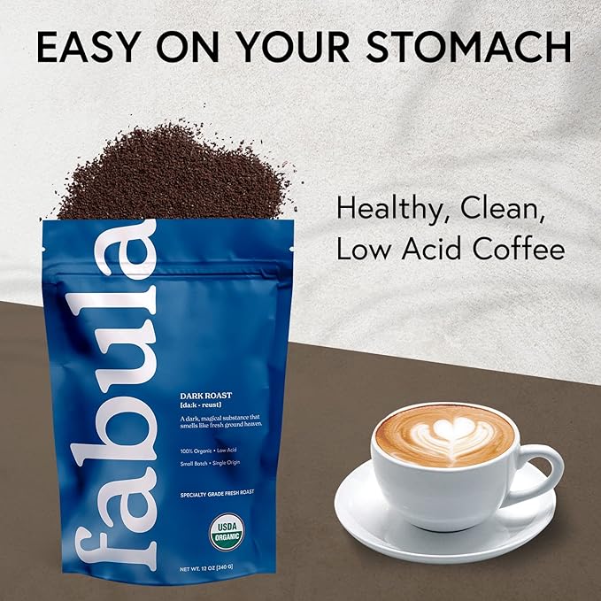 Fabula Coffee Dark Roast Freshly Ground - Organic - Low Acid - Single Origin - Non-GMO - Mold Free - 12 Ounces