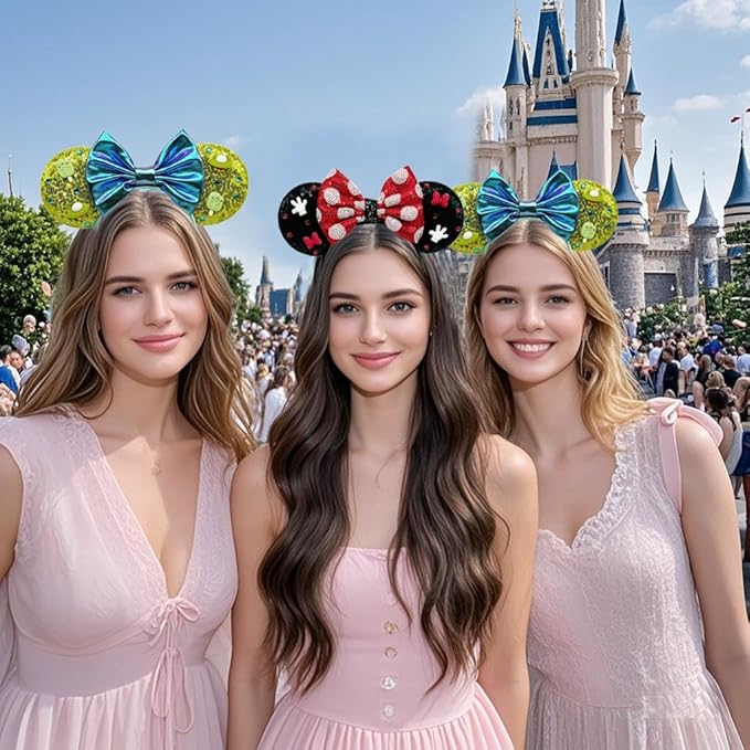 WW-WONDERFULWORLD Shiny Mouse Ears Headbands With Sequin Polka Dot Bow & Diamond, Black and Red, Glitter Party Costume Accessory, Park Cosplay