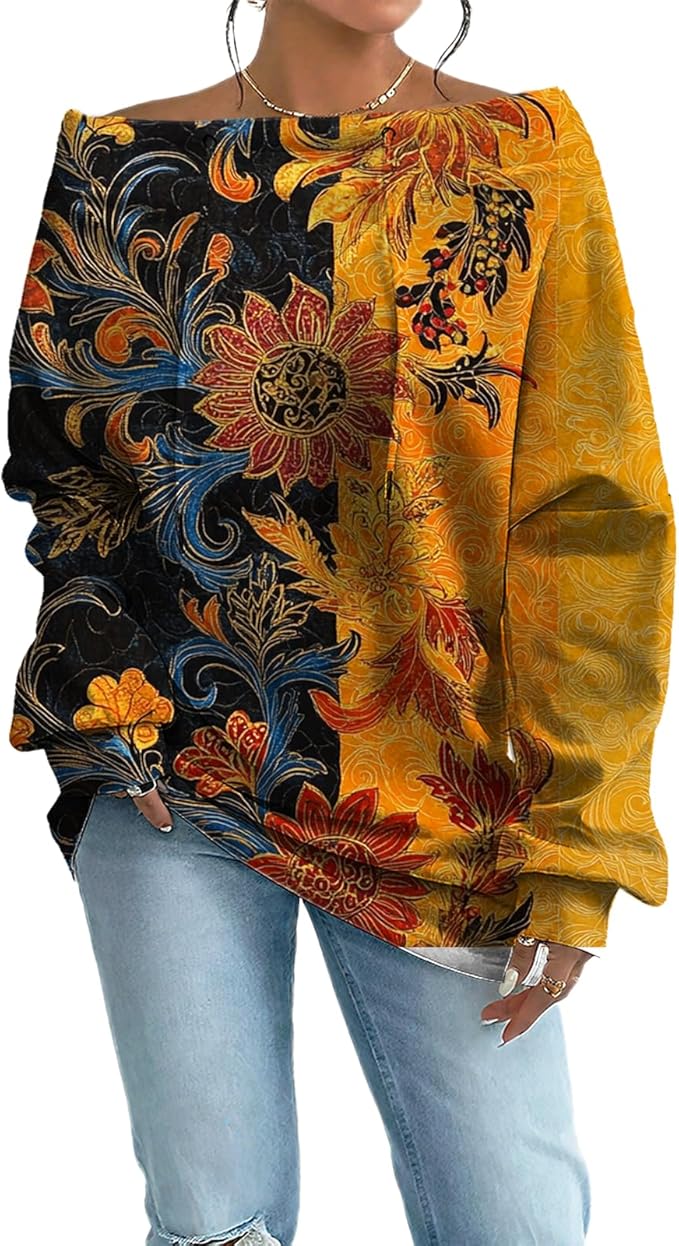 Womens Sweatshirts Floral Print Sexy Off The Shoulder T Shirts Oversized Long Sleeve Pullover Fall Tops