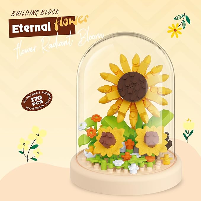 Sacblirr Sunflowers Secret Mini Flower Building Toy Bouquets with Dust Cover Set Creative Assembly Bonsai Tree Ideal for Home Decor Collection Toys