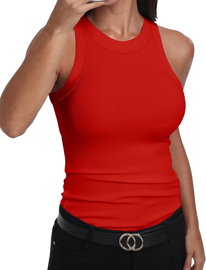 GEMBERA Womens Sleeveless Racerback High Neck Casual Basic Cotton Ribbed Fitted Tank Top