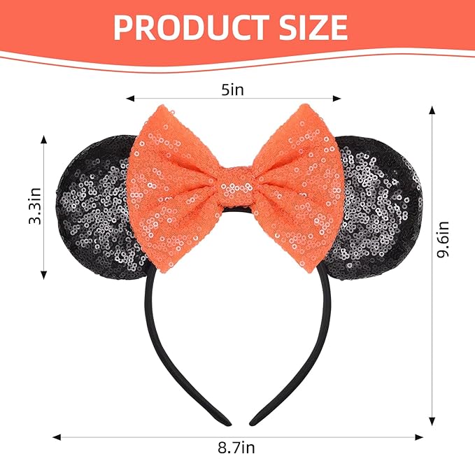 Seamoy Sequin Mouse Ears Headband, Halloween Mice Ears Hairband, Mouse and Mice Costume Hair Accessory for Women Girls (Orange Bow and Black)