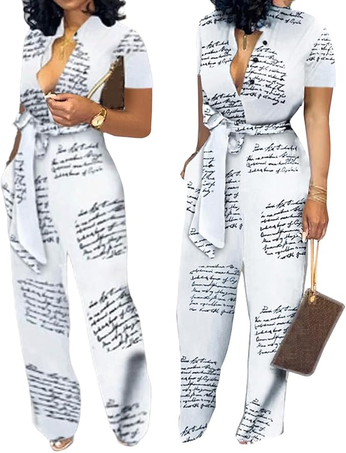 SeNight Women's Jumpsuits Elegant Business Casual Button Down V Neck Long Sleeve Strap Straight Long Pants With Pockets