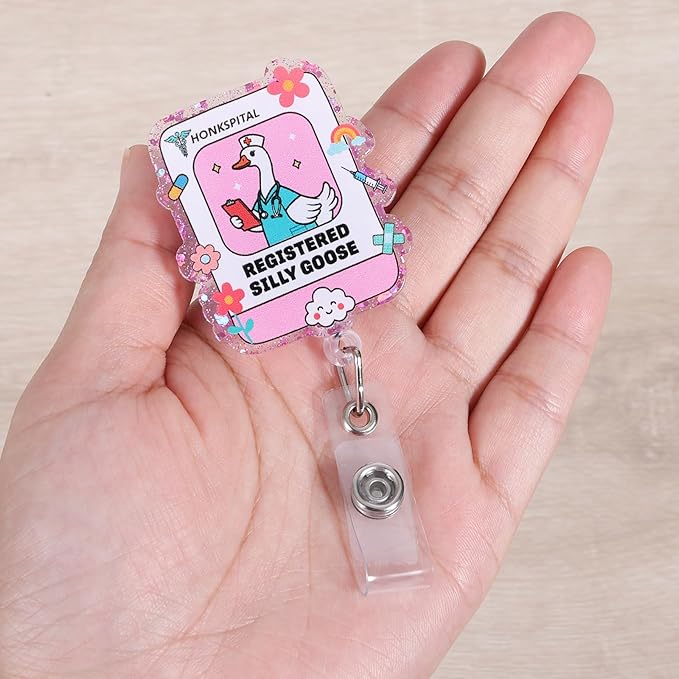 Registered Silly Goose Funny Nurse Badge Reel, Cute Pink Retractable ID Card Badge Holder, Name Tag Medical Work Badge Clip for NICU RN ER LPN EN OB/GYN L&D CNA Night Shift Nurse Doctor, Doctor Gifts