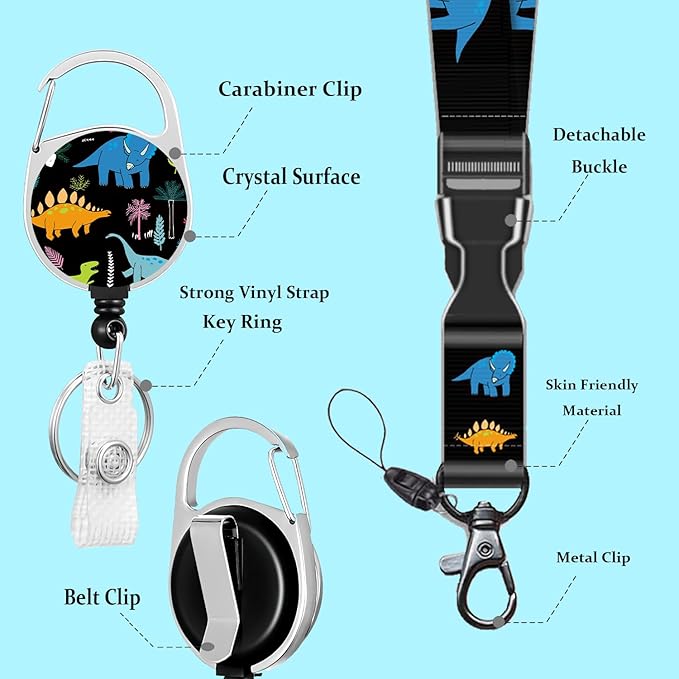 ID Badge Holder with Breakaway Lanyard, Cute Dinosaur Badge Reel Retractable Heavy Duty and Detachable Name Tag Clips, Lanyard Reel Lanyards for Id Badges, Kids Nurse Teacher Office Gifts