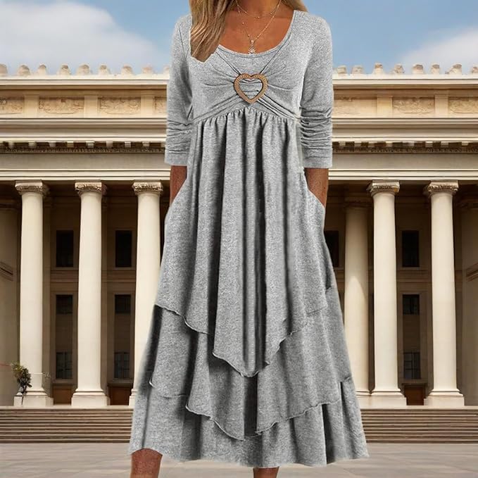 Winter Dresses for Women Wedding Guests Casual Cute Heart Long Sleeve Tiered Maxi Dress with Pockets Plus Size
