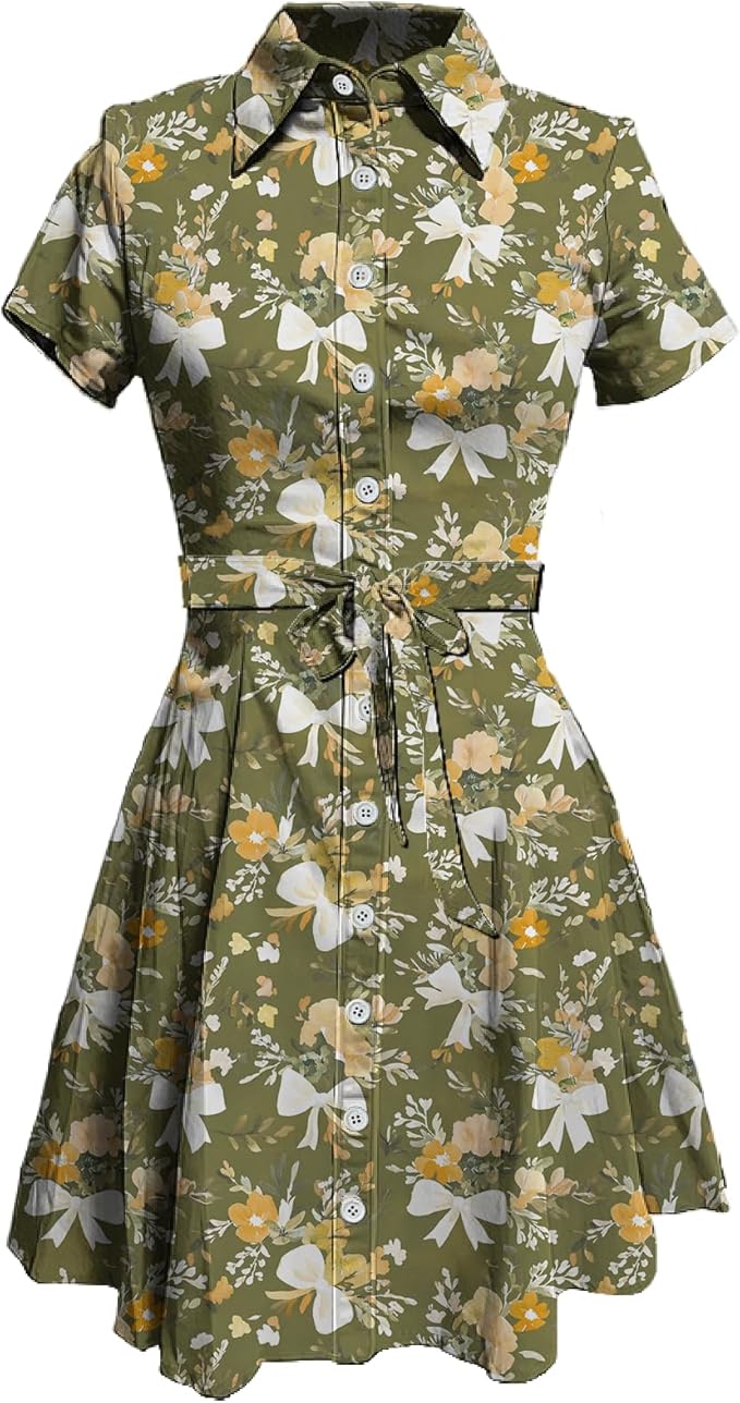 MARSVOVO Cute T Shirt Dress for Women Short Sleeve Button Up Tie Waist Elegant Casual Collared Smocked Midi Dress