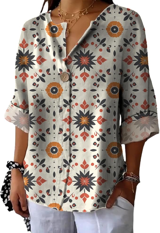 Long Sleeve Shirts for Women V Neck Button Boho Graphic Blouses Casual Collared Fashion Summer Flowing Tops