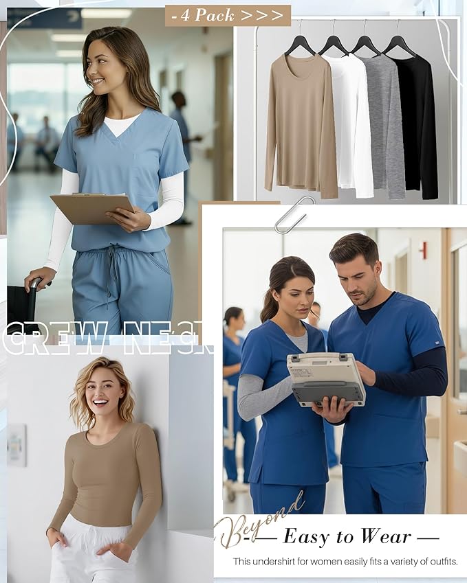 4 Pack Women's Underscrub Shirts Nurse Undershirts Long Sleeve Crewneck Slim Fit Tops Soft Stretchy Basic Tee