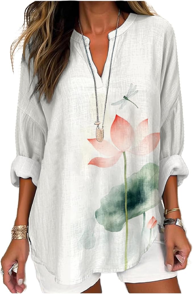 MARSVOVO V Neck Shirt For Women Boho Multi Style Blouse Long Sleeve Novelty Graphic Plus Size Pullover Tops For Women