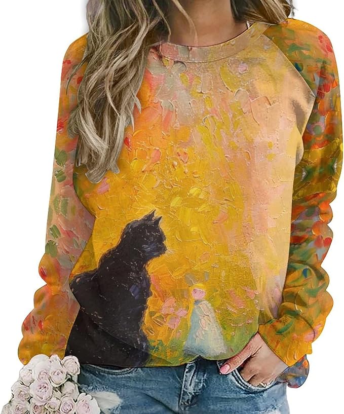 Spatofa Womens novelty funny cat printed crewneck sweatshirt casual loose long sleeve graphic pullover sweatshirts tops